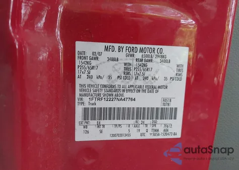 2007 Ford F-150 Stx/Xl/Xlt из США, поврежденный, VIN 1FTRF12227NA47764